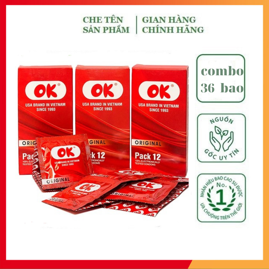 Combo 3 hộp bao cao su OK ORIGINAL hàng việt nam, bao cao su original trơn mỏng size 49mm, hộp 12 bcs