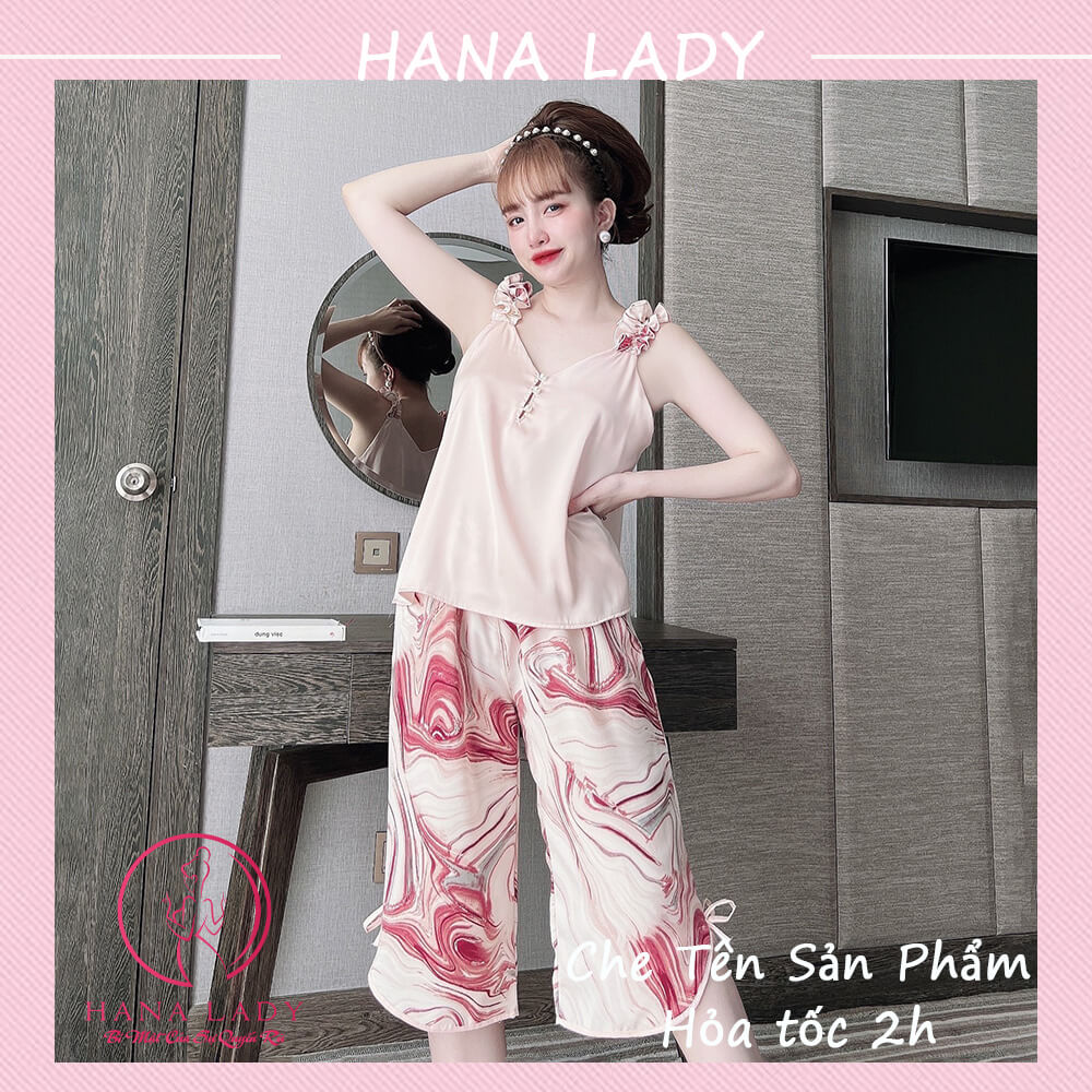Bộ ngủ hai dây nữ - Pijama lụa mặc nhà họa tiết đáng yêu VN479.
