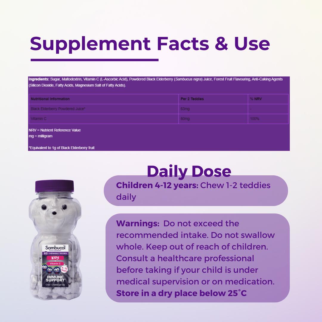 Sambucol Kids, PLUS Vitamin C, Support Immune System, Chewable 60 Teddies, Supplement Facts and Use