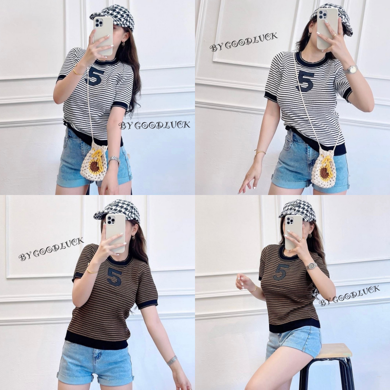 🌈 SpinnyHouse 🌈เสื้อยืดไหมพรม ‼️ลายทาง‼️ สไตล์แบ้วๆ ทรงคอกลมแขนสั้น ปักเย็บตัวเลข รุ่น สะพาน5 D403E ราคา 167 บาท*ส่งฟรี