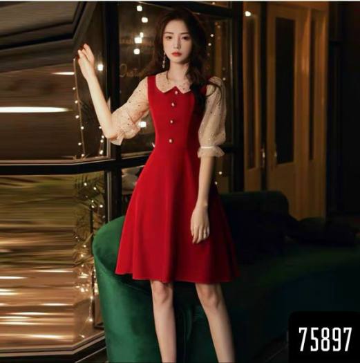 Váy đỏ ngắn cổ vuông tay dài CICI – Hizu Dress Up