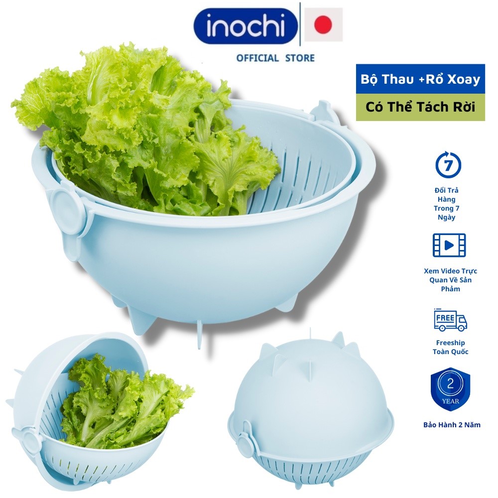 Rổ nhựa, bộ thau rổ nhựa xoay 360 Thau rổ nhựa thông minh yoko inochi tiện dụng phủ Ag+ kháng khuẩn dụng cụ nhà bếp thông minh