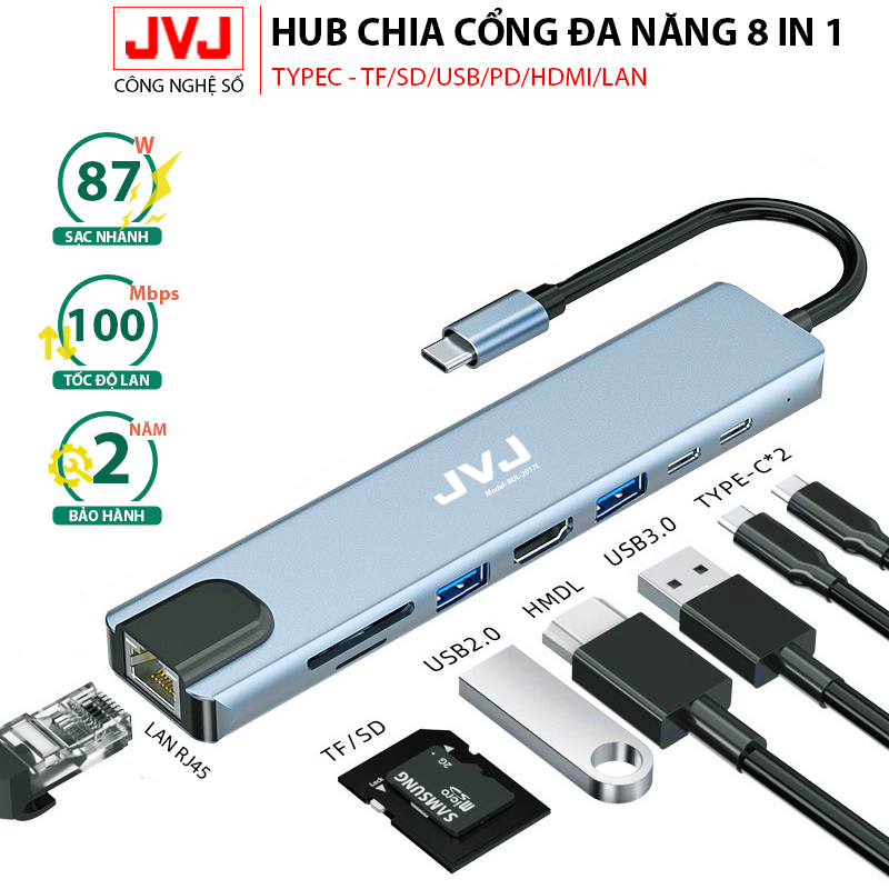 Bộ chuyển đổi đầu đọc đa năng USB Type-C C8 JVJ 4K HDMI USB 3.0 cho laptop/macbook chuyển đổi type C sang Cổng USB 3.0/HDMI/TF/SD/PD/LAN