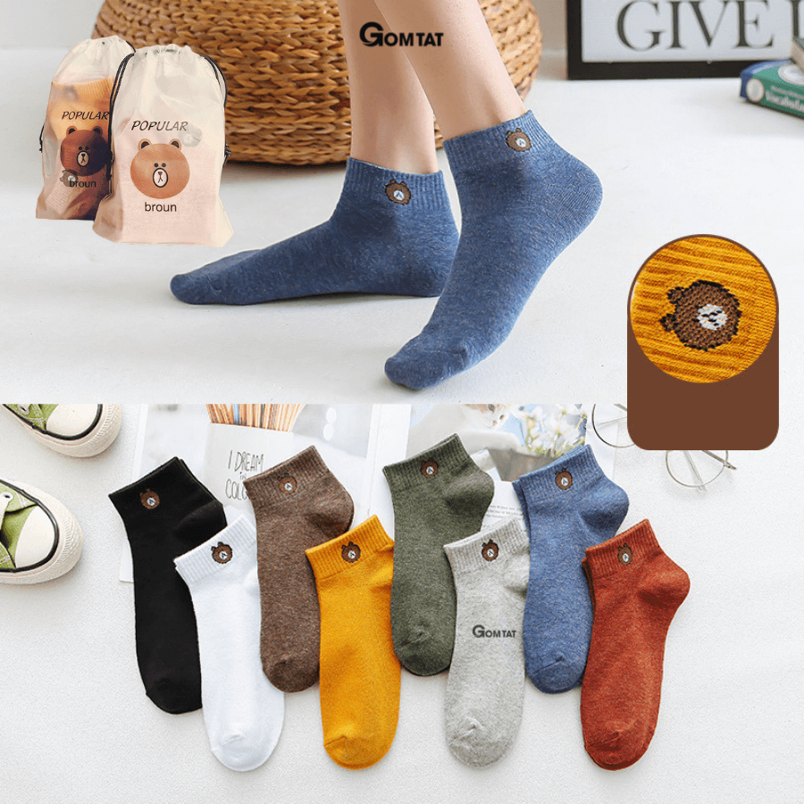 [TÚI 10 ĐÔI] Vớ Nam Nữ Cổ Ngắn Vintage Tất Cổ Ngắn Nam Nữ Mẫu Tất Gấu Dễ Thương - TATGAU-CB10