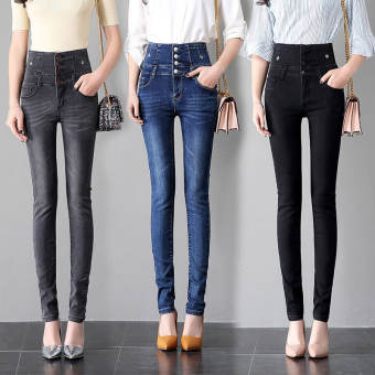 Nút Quần Jean Nữ Cạp Cao Nữ Quần Quần Bò Co Giãn Ngoại Cỡ Ôm Sát Quần Bút Chì Ôm Sát Màu Xanh Denim Ngoại Cỡ