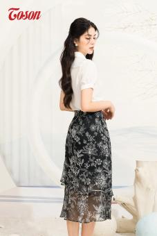 Chân váy voan đen hoa trắng, nhún tầng, xòe lệch Toson 34026H62