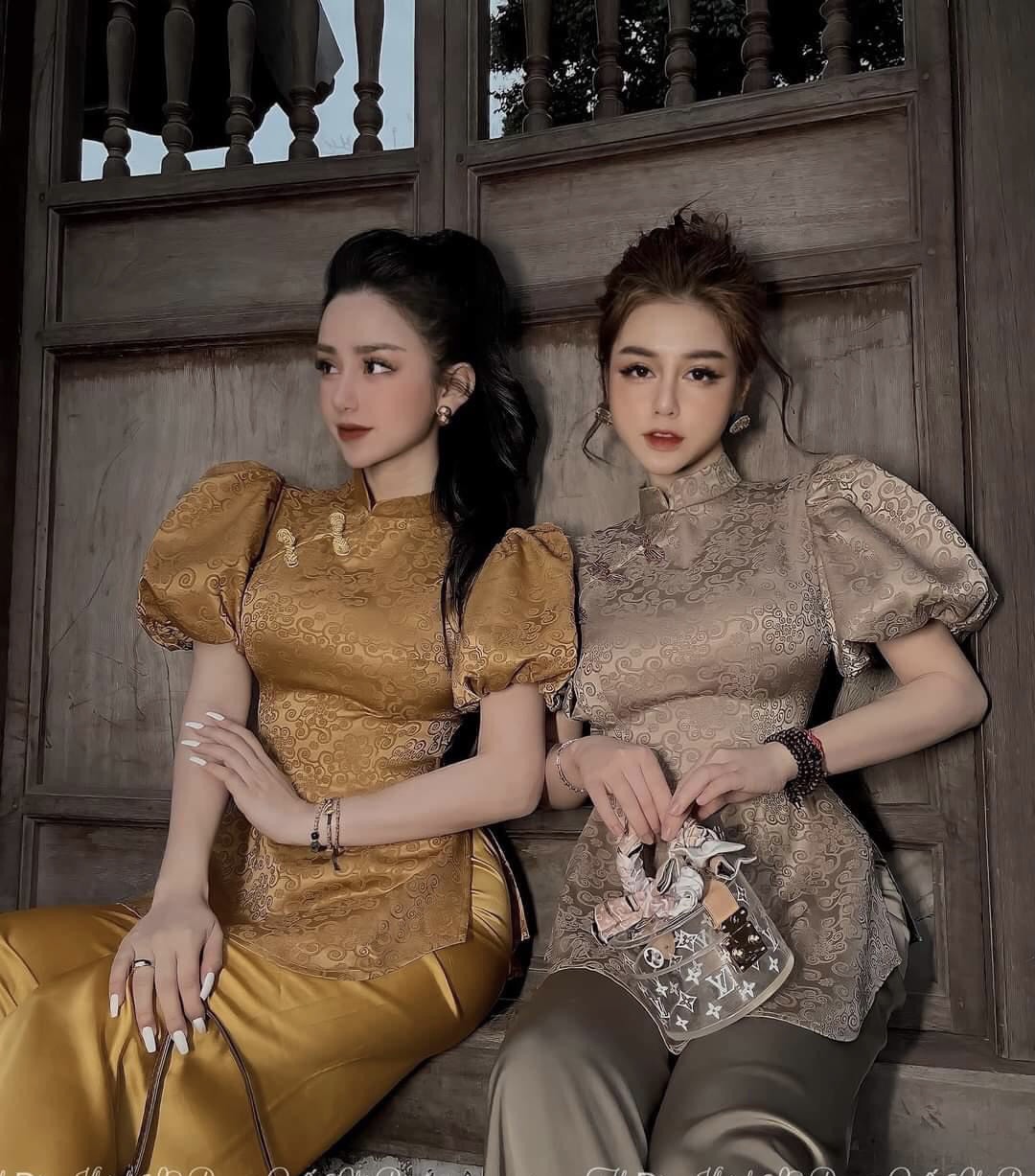 Thời trang đồ lam, đồ lam đi chùa, mẫu gấm tay phồng, kiểu dáng eo thon