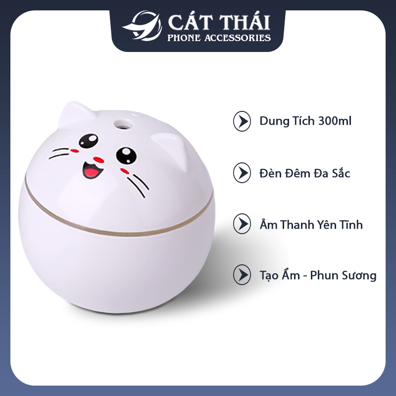 Máy xông tinh dầu khuếch tán phun sương giữ ẩm Cát Thái mèo con mini dung tích 300ml 2 chế độ phun tỏa đều âm thanh yên tĩnh kích thước nhỏ gọn có đèn đêm đẹp mắt