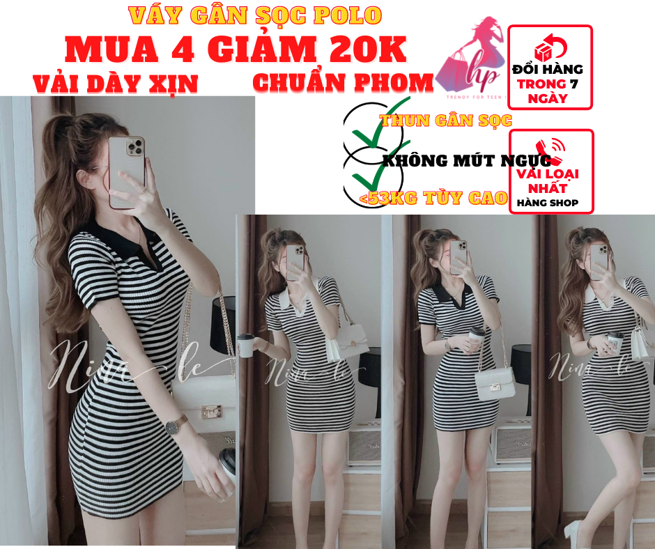 Váy đầm polo nữ cổ bẻ ôm body tay ngắn thun cottton sọc trắng đen kiểu hàn quốc thời trang VD125