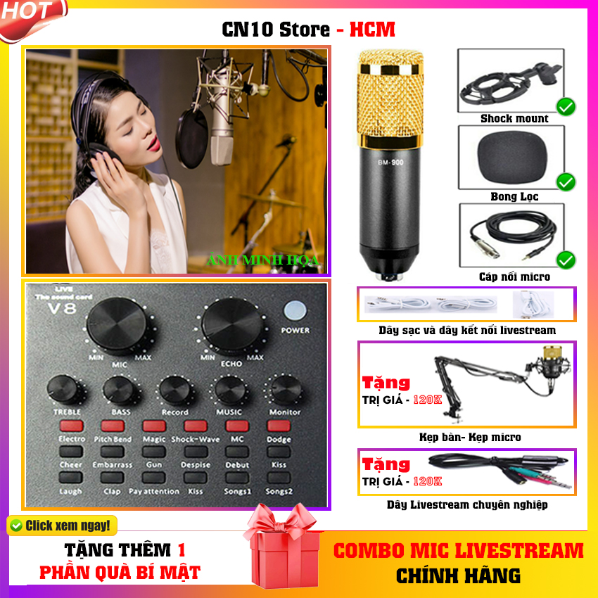 HCM-(Freeship) Combo bộ Mic Thu Âm Hát Karaoke, Mic Livestream online cực hay(Trọn Bộ Souncard V8 Mic BM900)-ĐIỆN TỬ CN10