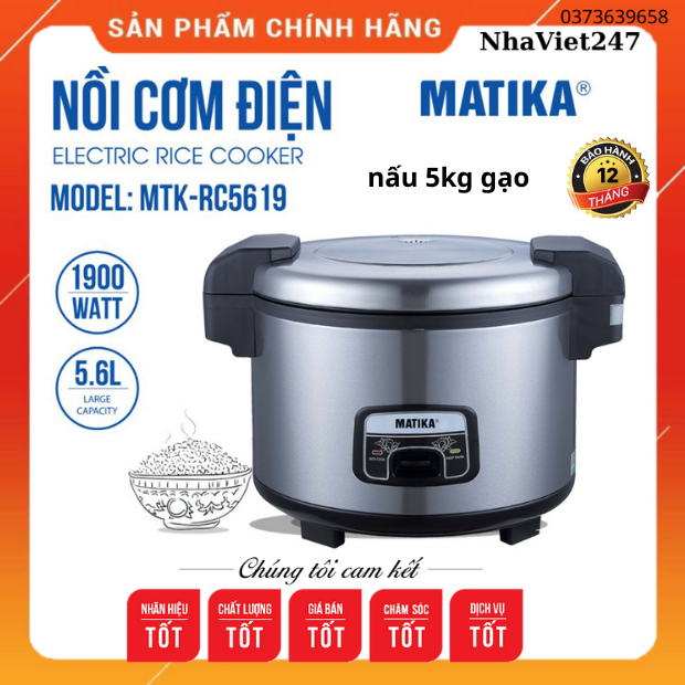 Nồi cơm điện công nghiệp MATIKA-RC5619 -1900w vung liền,lòng chống dính-nấu nhanh,cơm dẻo ngon,chính hãng,giá rẻ