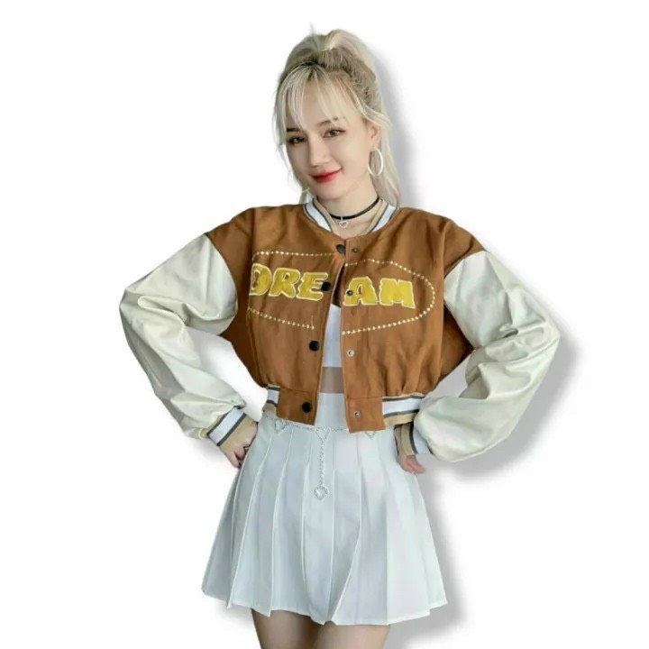 Áo khoác da lộn nữ - áo bomber craptop lửng thêu chữ nổi d.ream cá tính mẫu mới - tp928