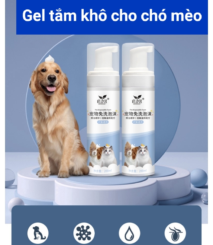 Gel tắm khô cho chó mèo chính hãng DorriKey an toàn, khử khuẩn, không cần Rửa Lại 200ml