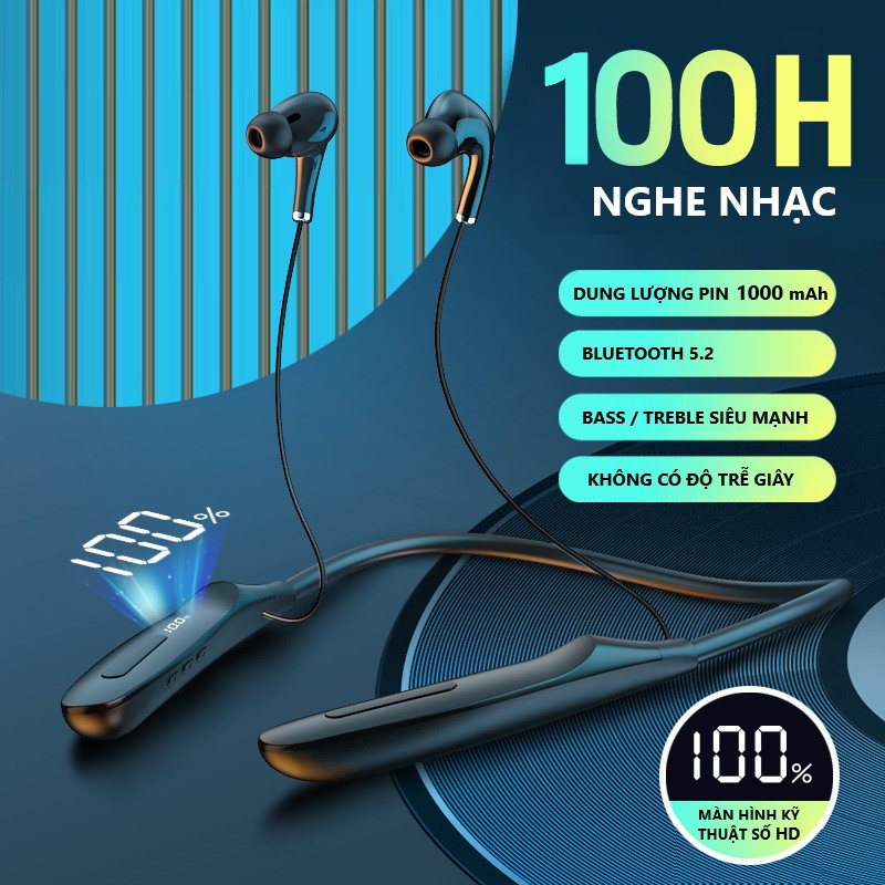 Tai nghe không dây Blutooth 5.1 BT 75 nghe nhạc 100h pin 1000mAh sạc nhanh type-C âm thanh sống động không trễ giây, tai nghe Blutooth thể thao choàng cổ cao cấp