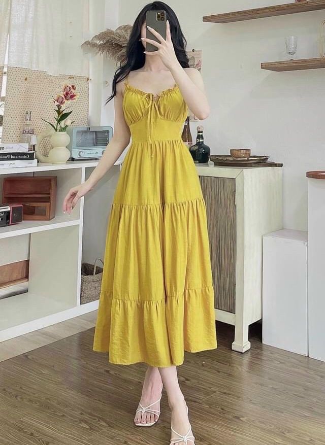 Đầm váy thời trang nữ 2 dây rúm ngực có dây cột nơ thân váy xếp ly điệu đà đễ mặc