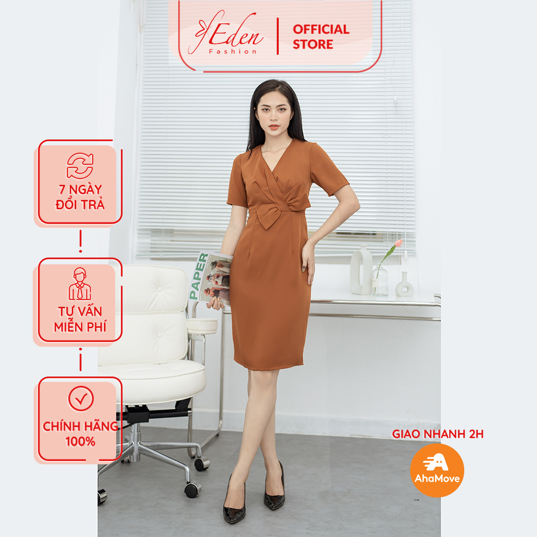 Đầm body nữ công sở thiết kế thời trang Eden cổ tim chất liệu mềm mát có lót - D455