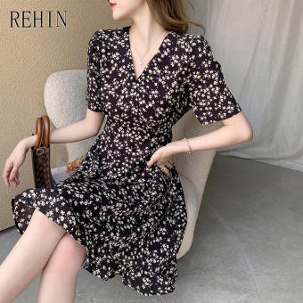 REHIN Women dreesses summer small short-sleeved dress chiffon floral dress lady waist-skimming thin in dress