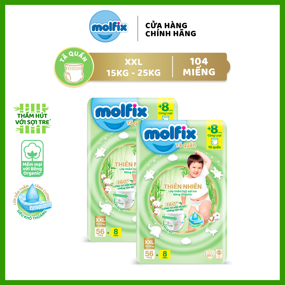 Combo 2 tã/bỉm quần moflix thiên nhiên super jumbo xxl - 2 gói 104 miếng