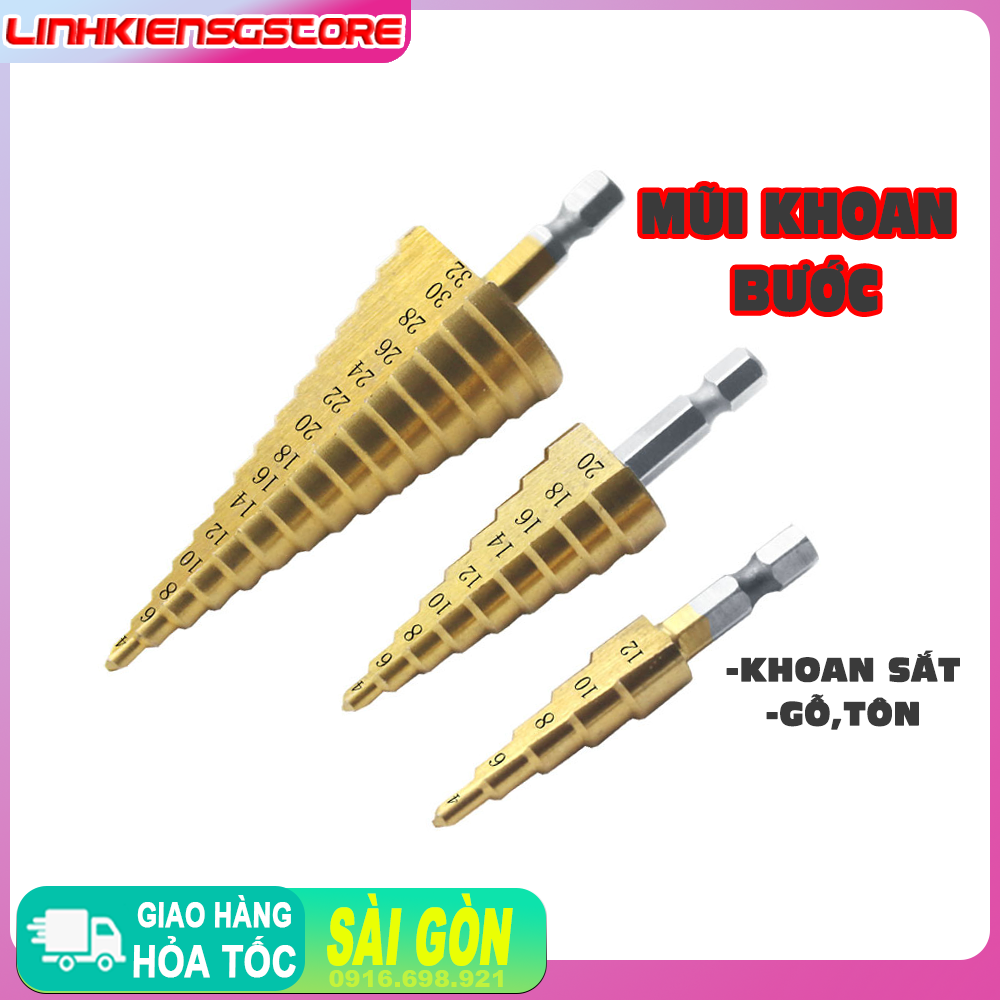 Bộ 3 mũi khoan bước chuôi lục giác chất liệu thép phủ titanium chịu nhiệt tốt , độ bền cao