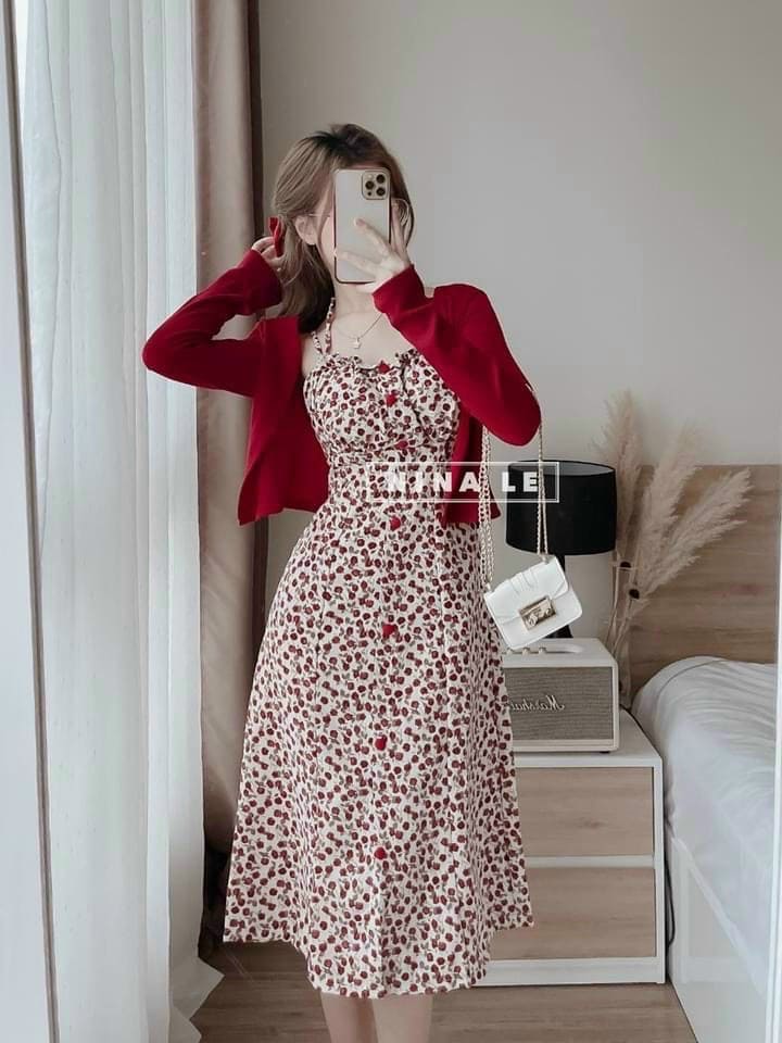 Set phối đầm nữ kiểu dáng 2 dây kèm áo khoác gân thiết kế tinh tế thích hợp dự tiệc thời trang HARI