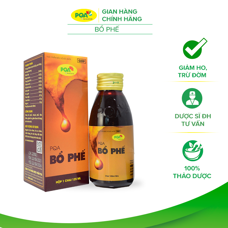 Bổ phế pqa giúp nhuận phế, tiêu đờm, giảm ho và đau rát họng kéo dài hộp 125ml