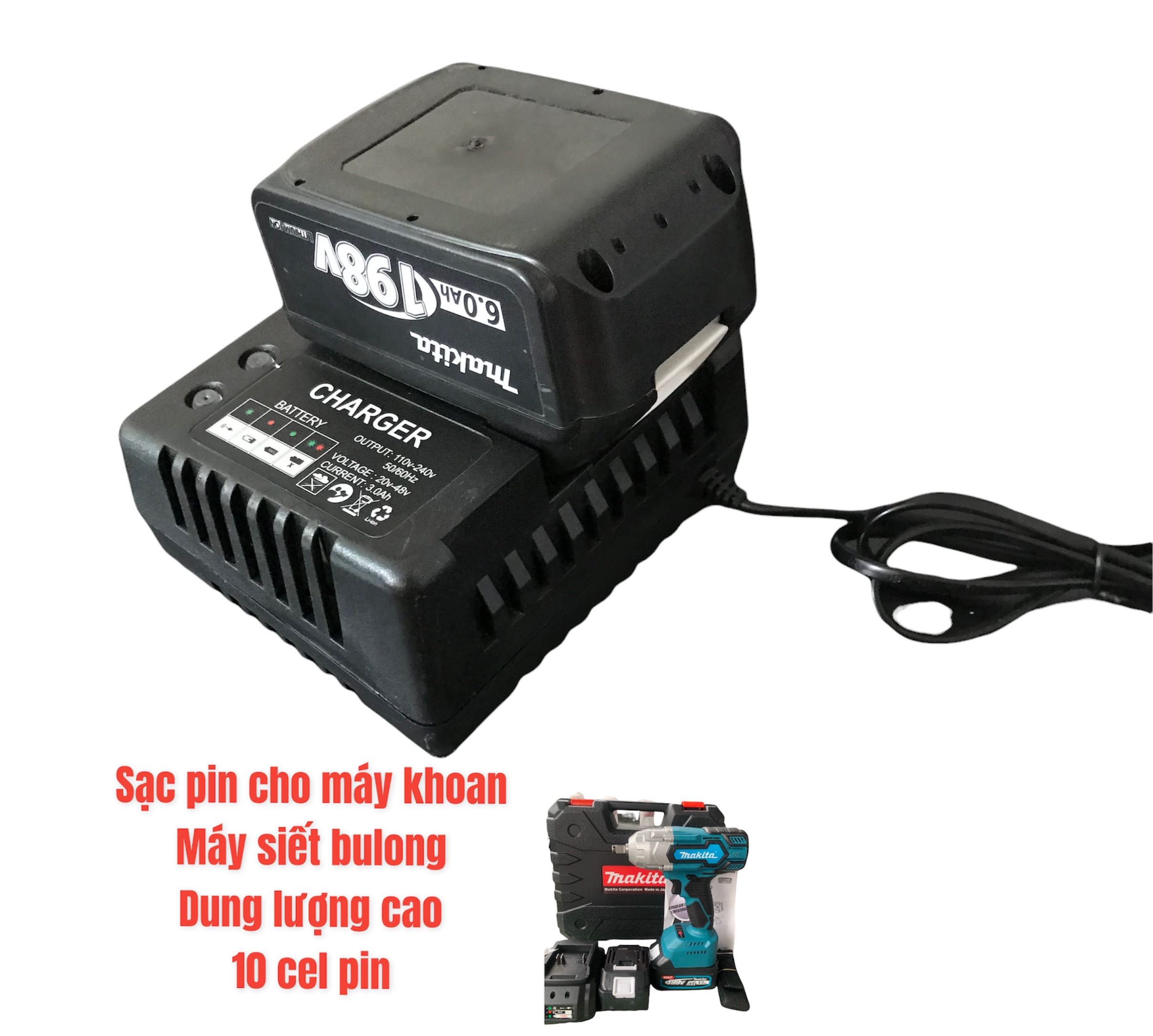 Đế sạc pin cho máy khoan pin máy siết bulong dùng pin, Bảo hành 6 tháng