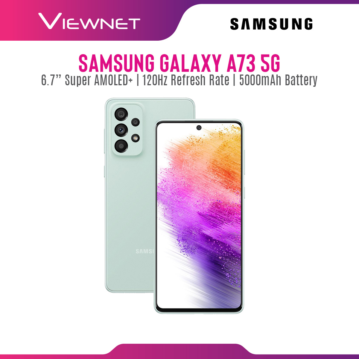 Samsung Galaxy A73  ( Mint ) 5G Smartphone with 6.7" Super AMOLED Display, 120Hz Refresh Rate, Android 12, MicroSD Slot Up to 1TB, 5000 mAh Battery 