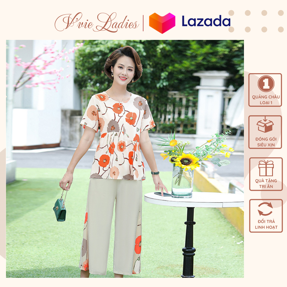 Đồ bộ nữ trung niên - Áo voan phi lụa họa tiết hoa, Quần vải lanh ống rộng 2 màu cam/vàng V'vie Ladies