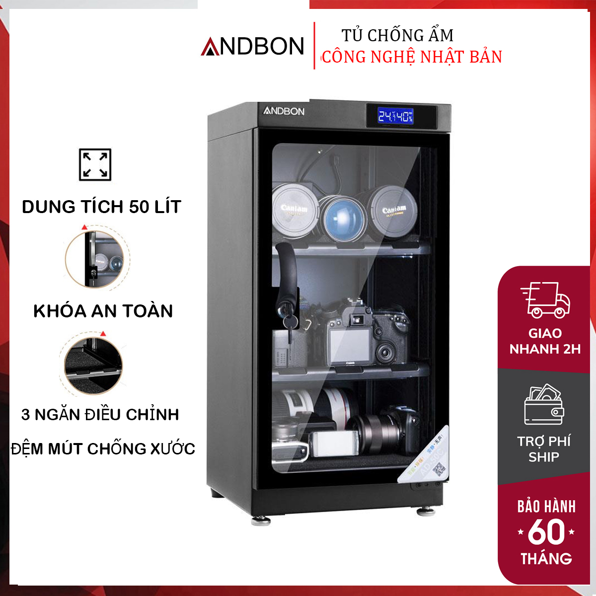 Tủ chống ẩm máy ảnh 50 Lít nhập khẩu CN Nhật Bản Andbon AD-50C- tủ hút ẩm máy ảnh tự động 50L, 3 ngăn - bảo hành 5 năm