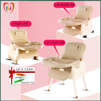 Ghế ăn dặm cao cấp 3 chức năng gấp gọn full đệm, bánh xe, chân sắt, hộp đựng khăn ăn - Tặng kèm ngoáy tai phát sáng cho bé ( Có video hướng dẫn sử dụng)