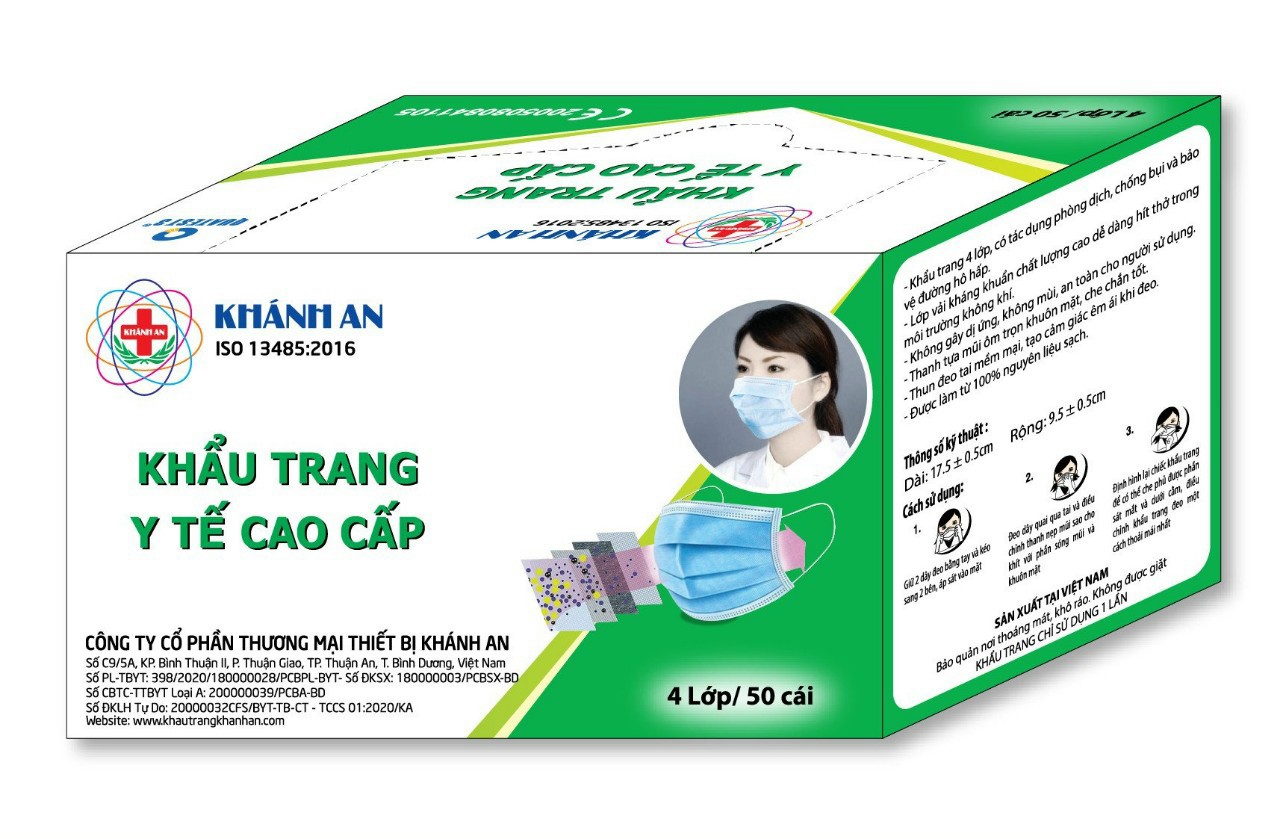 HỘP 50 CÁI KHẨU TRANG KHÁNH AN 4 LỚP KHÁNG KHUẨN (MÀU XANH)