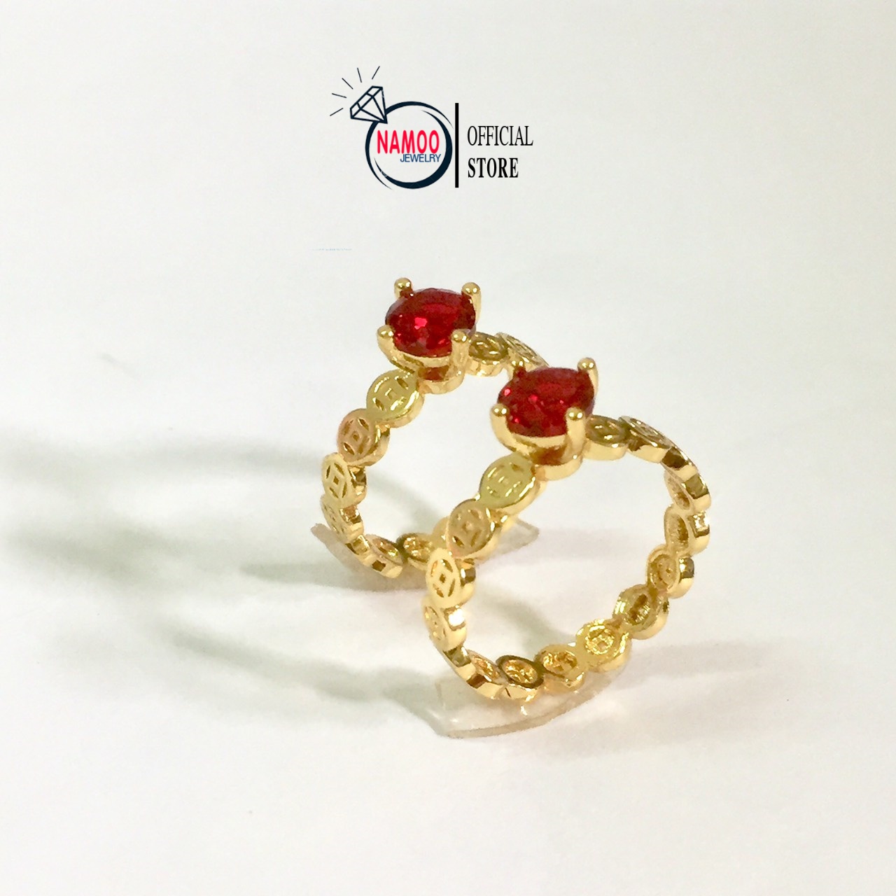Nhẫn đính đá đỏ mạ vàng n028, nhẫn nam nữ namoo jewelry chuyên sỉ