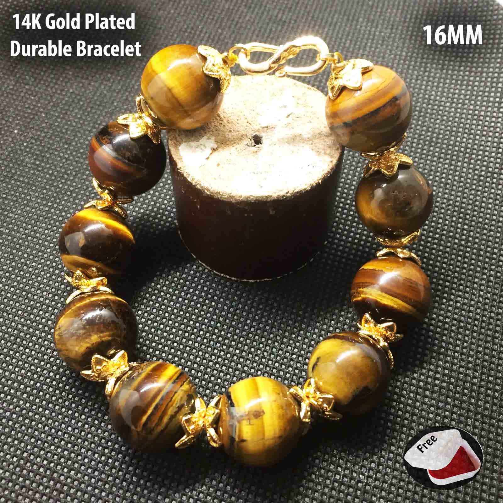 Gold Plated Tiger Eye Natural Stone Men and Women Bracelet Fashion Gift Beaded Bracelet 16mm Daraz.lk