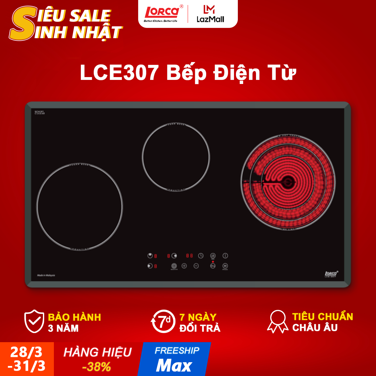 Bếp điện từ 3 vùng nấu lorca lce 307 mặt kính schott ceran chịu nhiệt,tích hợp tính năng nấu cơm,hiển thị thông tin tiêu thụ điện năng,sử dụng mạch linh kiện ego germany lc22 - lorca mall