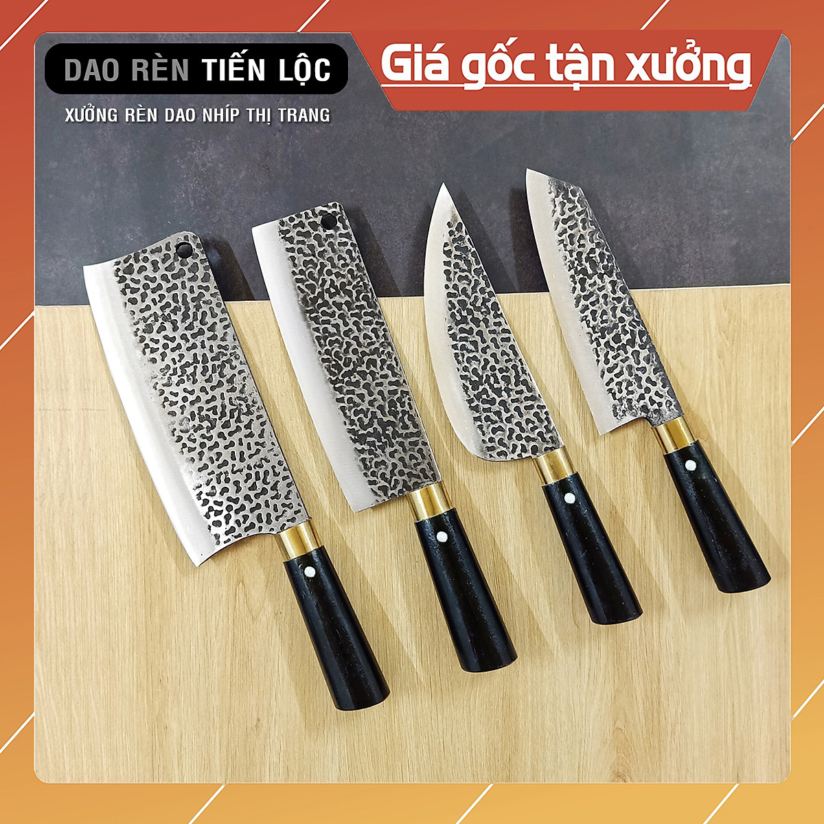 Bộ 4 dao bếp cán gỗ PLK001 rèn thủ công bằng nhíp xe