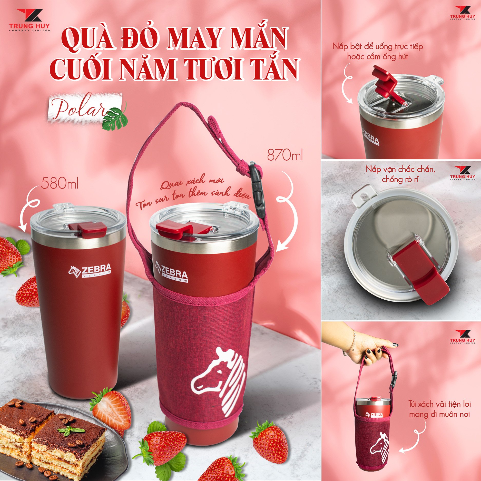Ly giữ nhiệt inox zebra thái lan cao cấp 580ml - 112701 có quai xách tiện lợi