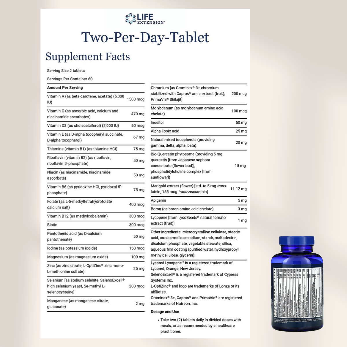 Life Extension Two-Per-Day Multivitamin, 120 Tablets - Supplement Facts