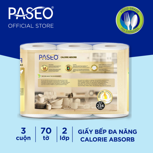 Giấy bếp đa năng cao cấp Paseo Calorie Absorb lau dầu mỡ, thấm hút nhanh (3 cuộn 2 lớp)/lốc