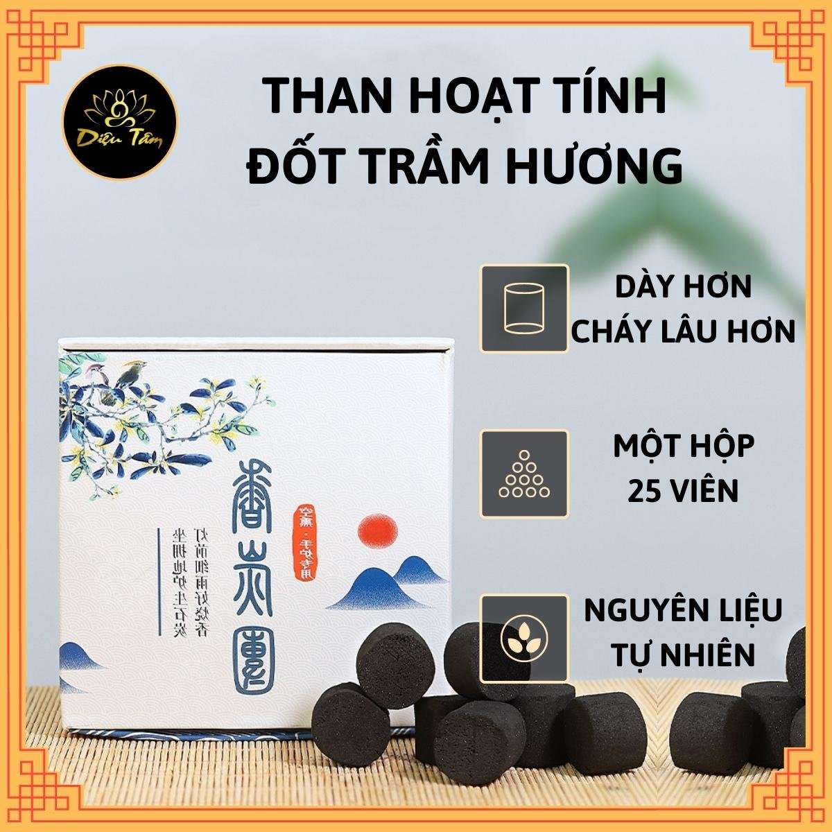 Than đốt trầm dùng trong trầm hương xông nhà đồ thờ cúng hộp 25 viên than tre sạch đồ thờ cúng phong thủy shop Diệu Tâm