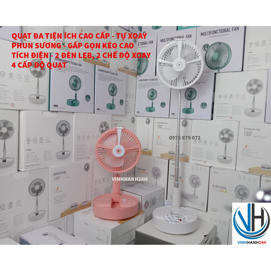 Quạt HS9: Phun Sương - 2 chế độ xoay - 2 đèn leb, đèn ngủ, đèn đọc sách - Tích Điện - Gấp Gọn - Điều Khiển Từ Xa- Pin 7200 mAH