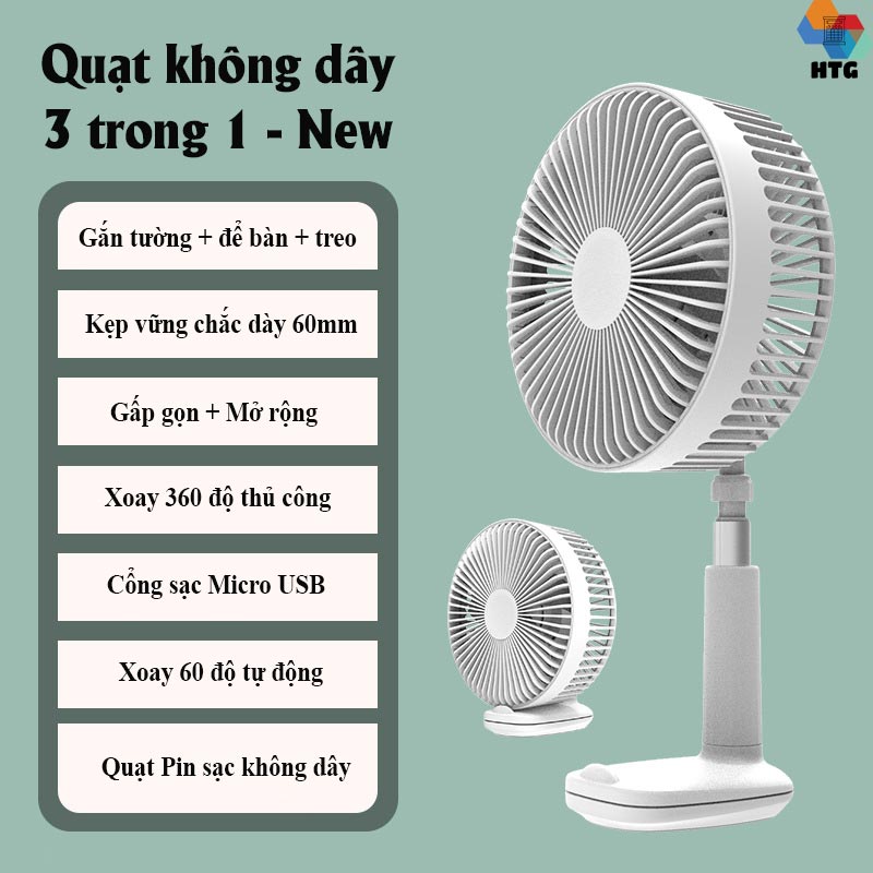 Quạt không dây tích điện F8 để bàn, gắn tường, có kẹp bàn tiện lợi, chế độ tự động xoay nâng cao, 3 cấp độ gió mượt mà, hàng chính hãng