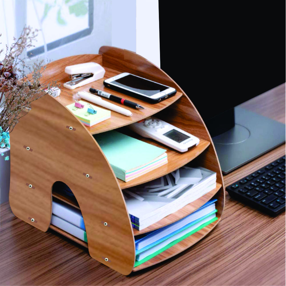 Kệ bàn học đựng hồ sơ tài liệu Kệ lưu trữ tài liệu giấy A4, A5 bằng gỗ hình cong - Tặng kèm 1 móc khóa nhựa dễ thương - Gỗ Tối