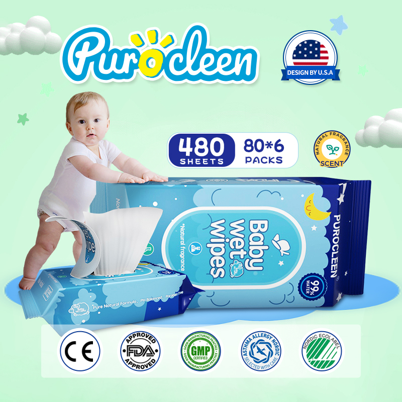 Khăn ướt em bé PUROCLEEN Hương Thơm Khăn lau sơ sinh không cồn kháng khuẩn Gói 80 cái gồm 6 khăn ướt cho bé