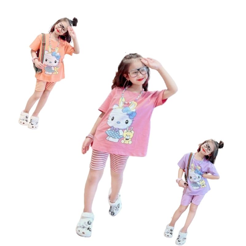 Set bé gái cotton áo mèo Kitty quần legging ngố đùi 8-35kg XHN918