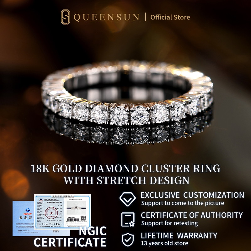  Queensun 1.6ct 18K gold lab diamond full diamond tennis ring /elastic lined ring/stacked plain ring tail ring, real diamond ring 弹力网球戒指designer ring