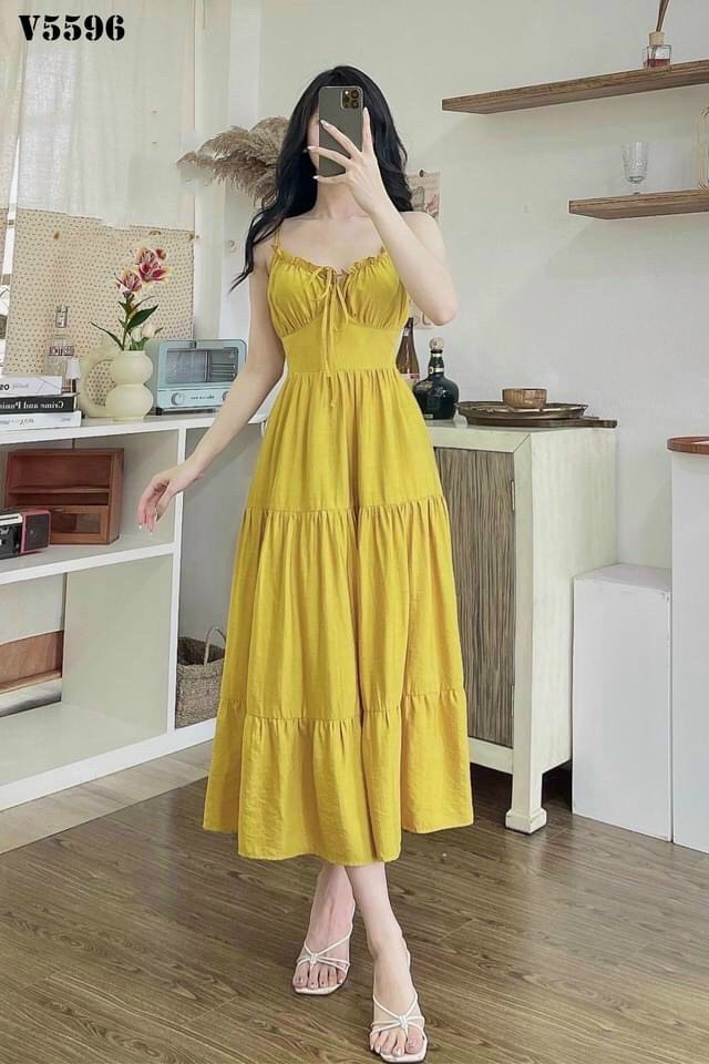Đầm maxi xòe phom dài thiết kế cổ cúp ngực bèo nhẹ cách điệu cực xinh