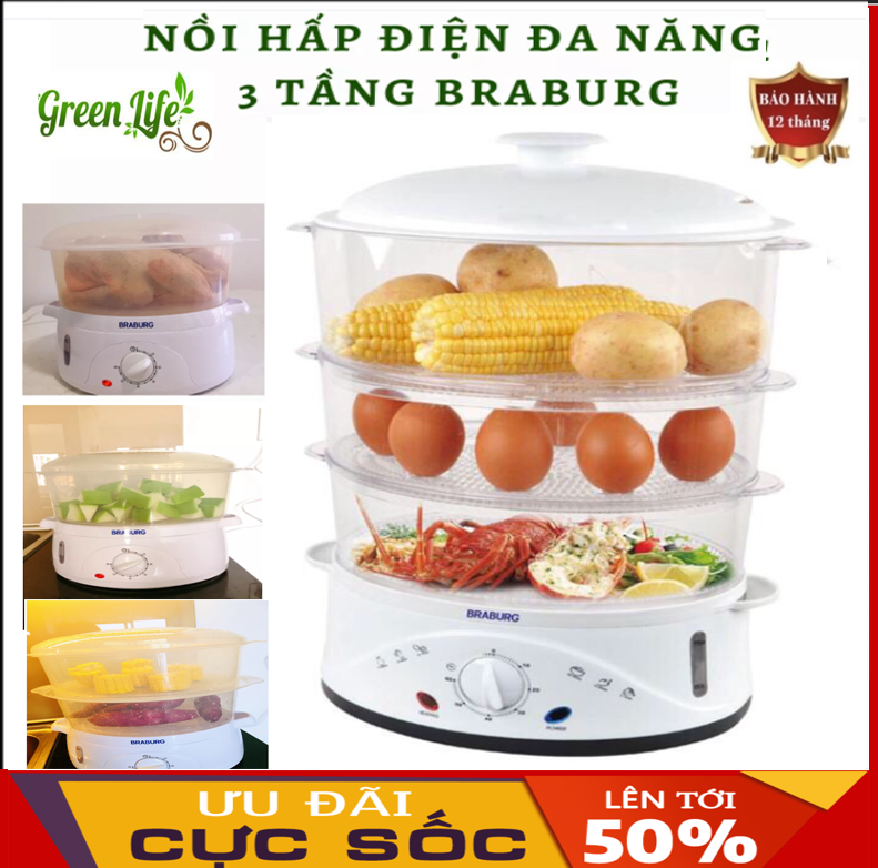 Nồi hấp đa năng, xửng hấp nhiều tầng nồi điện hấp cơm, xôi, bánh bao đa năng 3 tầng braburg sử dụng đơn giản,tiện lợi,đa năng đảm bảo an toàn cho sức khỏe gia đình tiết kiệm được thời gian và công sức,bh 12 tháng