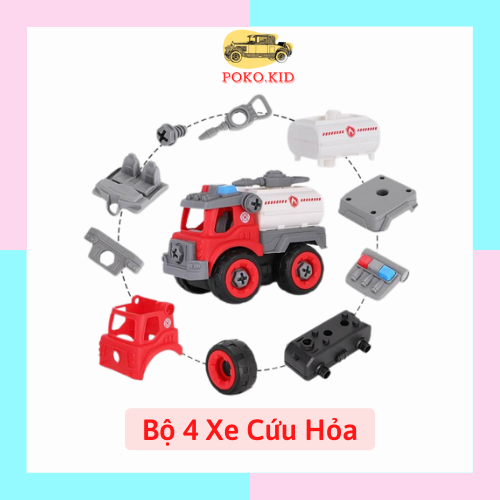 Xe cứu hoả đồ chơi cho bé , bộ 4 món đồ chơi lắp ghép kích thích tư duy , poko kid