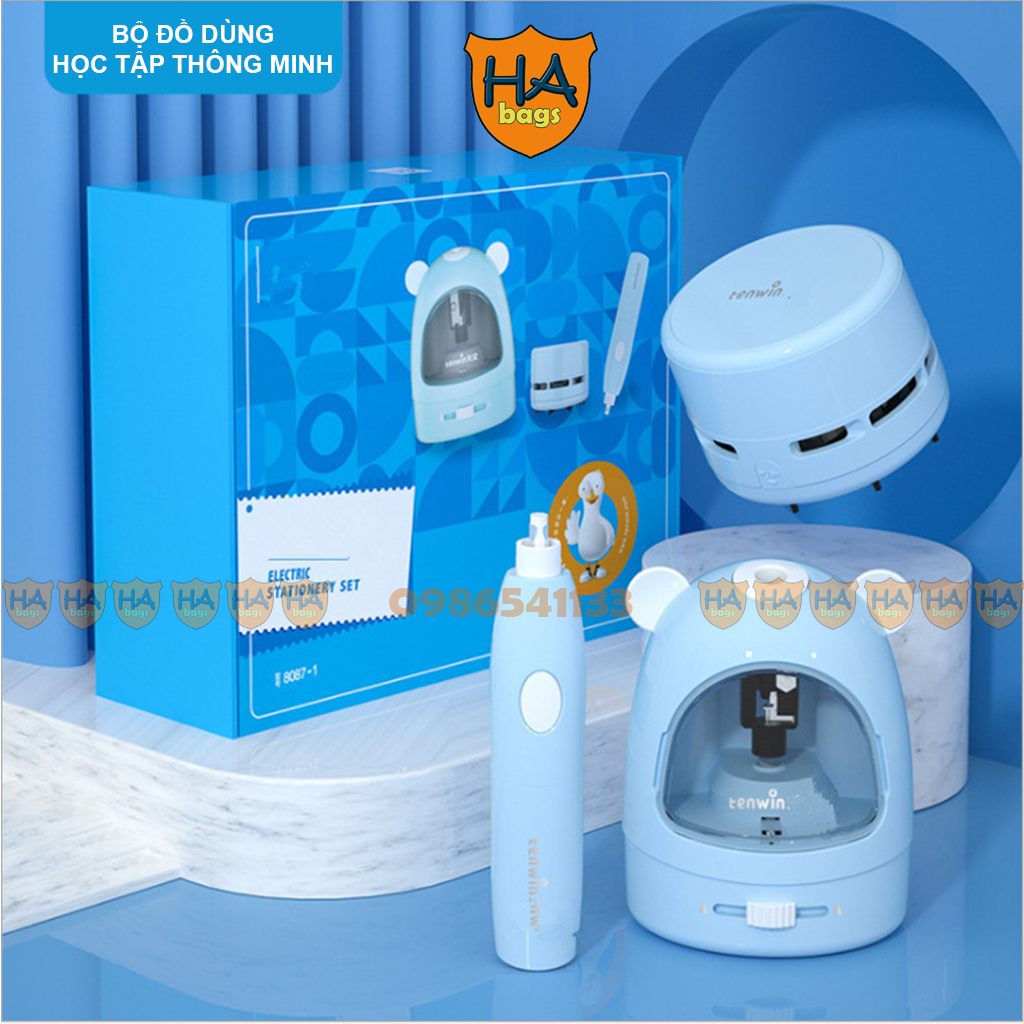 Bộ đồ dùng học tập thông minh HB0001 cho học sinh tiểu học gồm có Gọt bút chì tự động Bút máy tẩy chì Máy hút bụi mini