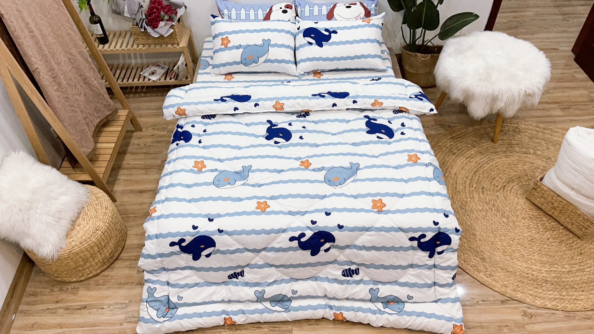 Set ga gối mẫu cá heo kẻ xanh p67
